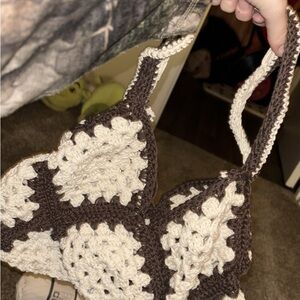 Crochet Brown and Cream Tote Bag/purse/handbag Homemade 100% cotton
